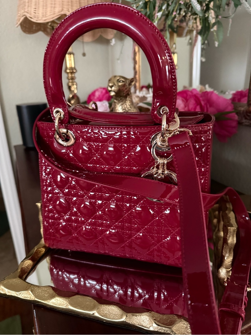 Patent Satchel Handbag in Deep Dark Cherry Red with Gold Hardware